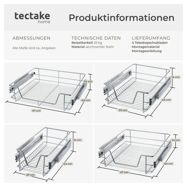 Teleskopschublade verchromt grau für 40 cm Schränke, 4er Set