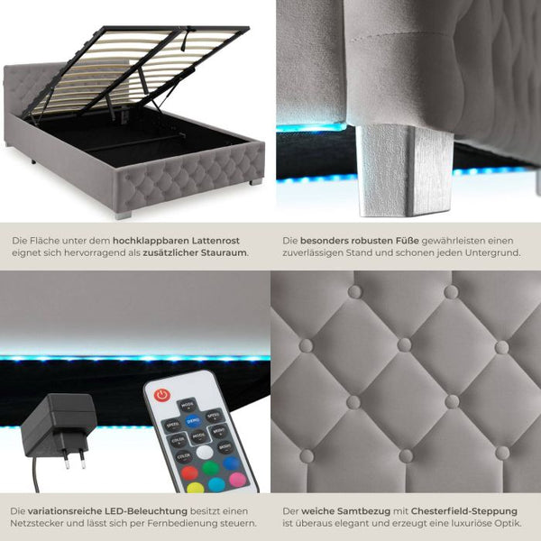 Bettset Polsterbett mit LED und Matratze Samtoptik dunkelgrau 140 x 200 cm