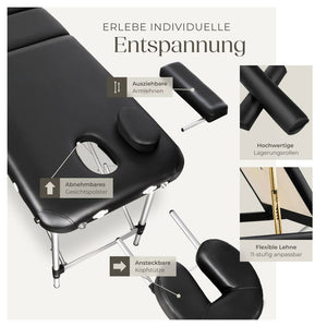 3 Zonen Massageliege mit 5cm Polsterung, Rollen und Aluminiumgestell schwarz