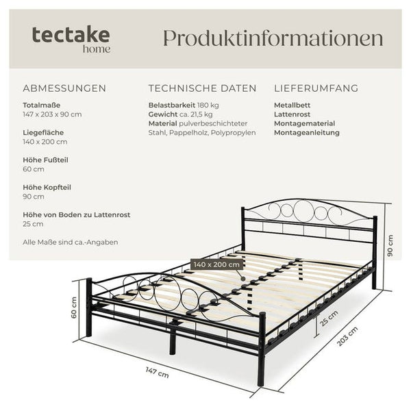 Metallbett mit Lattenrost im romantischen Design schwarz/schwarz 200 x 140 cm