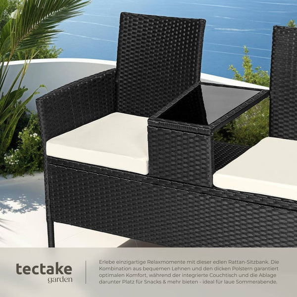 Rattan Gartensitzbank mit Tisch schwarz/beige