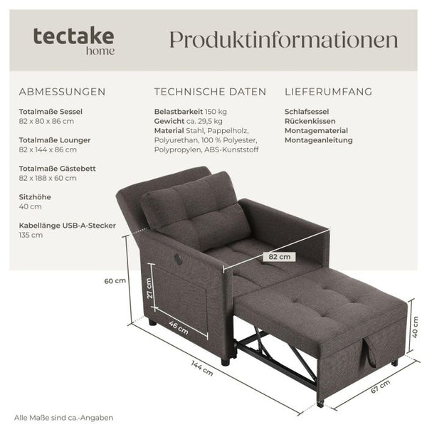 Schlafsessel Toyama 3in1 mit verstellbarer Rückenlehne dunkelgrau