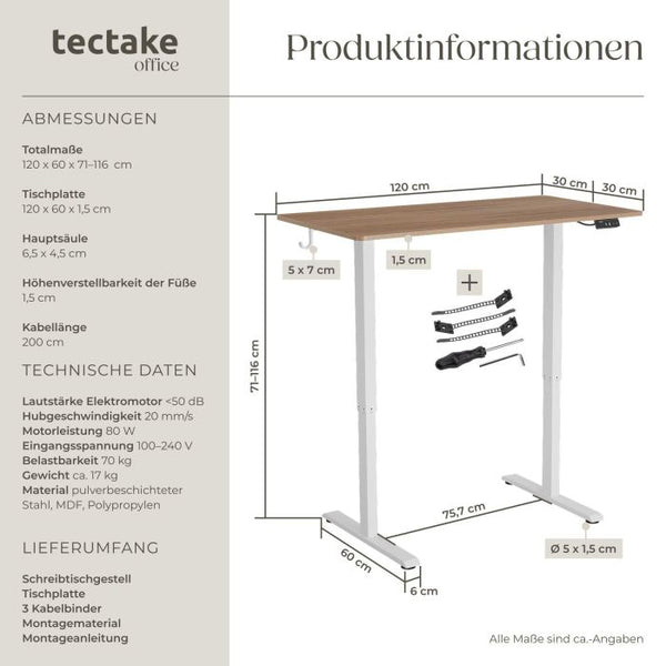 Elektrisch höhenverstellbarer Schreibtisch Loki Eiche 120 x 60 cm