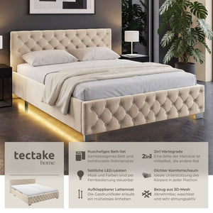 Bettset Polsterbett mit LED und Matratze Samtoptik sand 180 x 200 cm