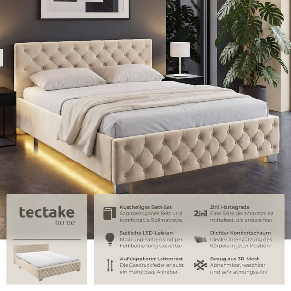 Bettset Polsterbett mit LED und Matratze Samtoptik sand 180 x 200 cm