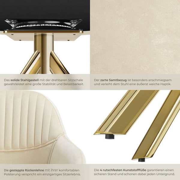 Samt-Drehstuhl Lona créme/gold 2er Set