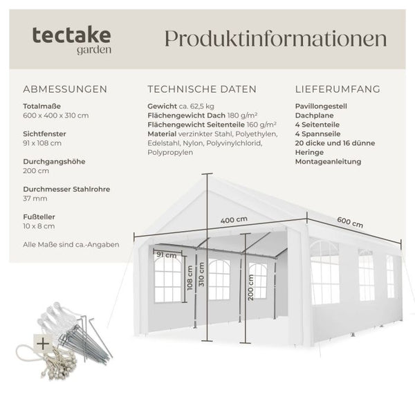 Gartenpavillon Jasko mit 4 Seitenteilen weiss 6 x 4 m