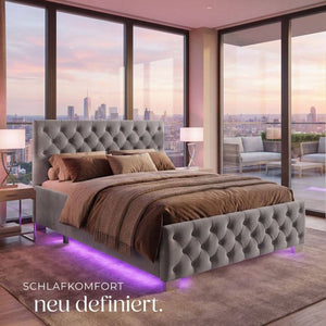 Bettset Polsterbett mit LED und Matratze Samtoptik dunkelgrau 140 x 200 cm