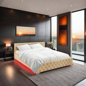Polsterbett mit LED-Leisten & Stauraum beige 180 x 200 cm