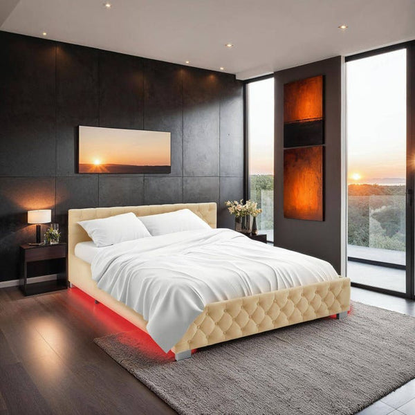 Polsterbett mit LED-Leisten & Stauraum beige 180 x 200 cm