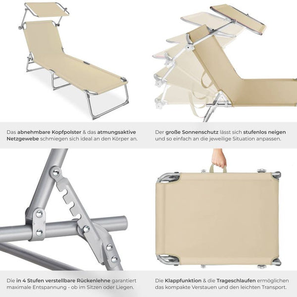 2 lettini da giardino, 4 livelli, con poggiatesta, beige