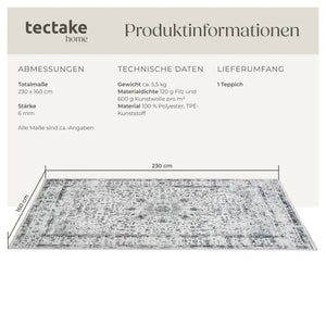 Vintage Teppich Aliya Kurzflor waschbar grau 160 x 230 cm