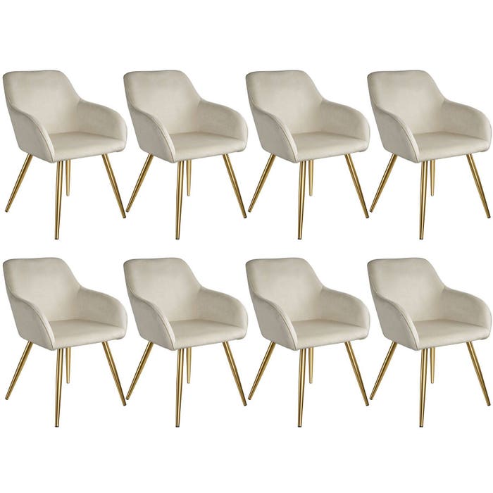 Ensemble de 8 chaises Marilyn, aspect velours, pieds dorés, crème/doré