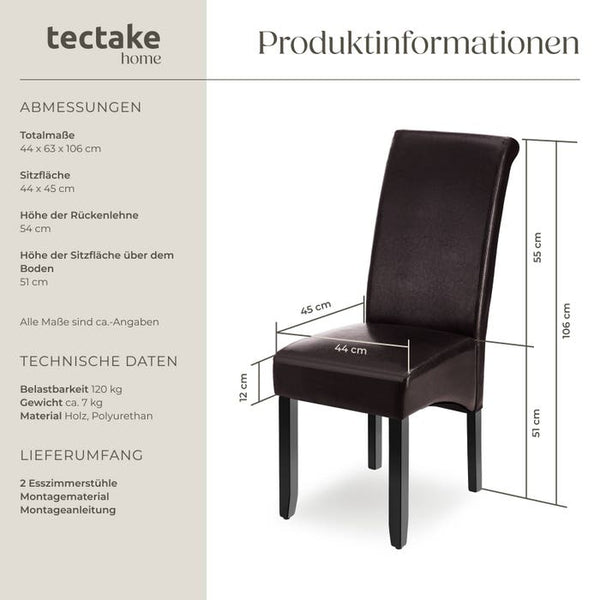 2 chaises de salle à manger avec assise ergonomique, marron