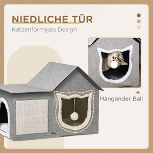 Katzenhaus mit Kratzfläche, inkl. Spielball, Katzenhöhle, Braun + Weiss + Beige
