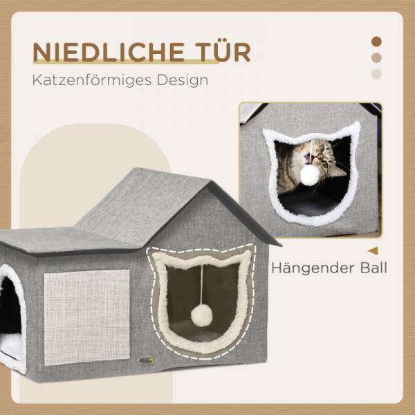 Katzenhaus mit Kratzfläche, inkl. Spielball, Katzenhöhle, Braun + Weiss + Beige
