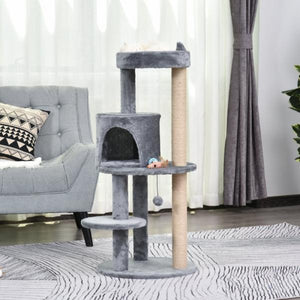 Katzenbaum 4-Stock Katzenhöhle mit Spielbällen Sitzstange Sisalsäule Sisal Plüsch Grau