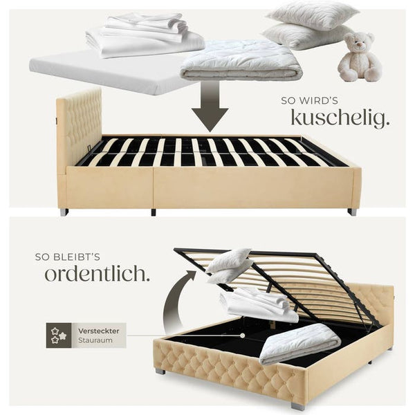 Polsterbett mit LED-Leisten & Stauraum beige 180 x 200 cm