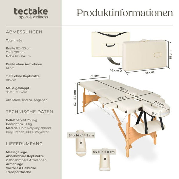 Set lettino da massaggio Freddi a 2 zone con imbottitura da 5 cm, ruote e struttura in legno beige