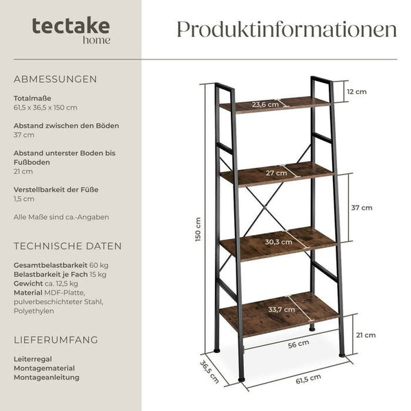 Leiterregal Liverpool 61,5 x 36,5 x 150cm - industrial dunkelbraun
