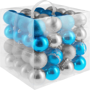 64er Set Weihnachtskugeln silber/blau