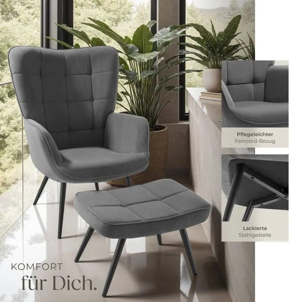 Sessel Hygge mit Hocker Feincord anthrazit/schwarz