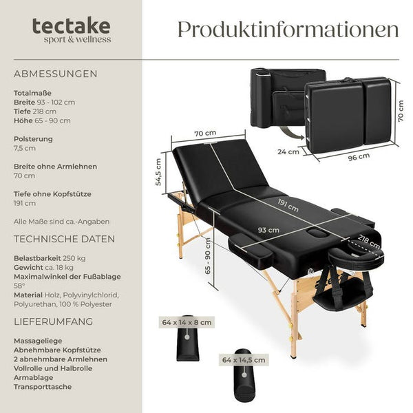 3 Zonen Massageliege-Set Somwang mit 7,5cm Polsterung, Rollen und Holzgestell schwarz