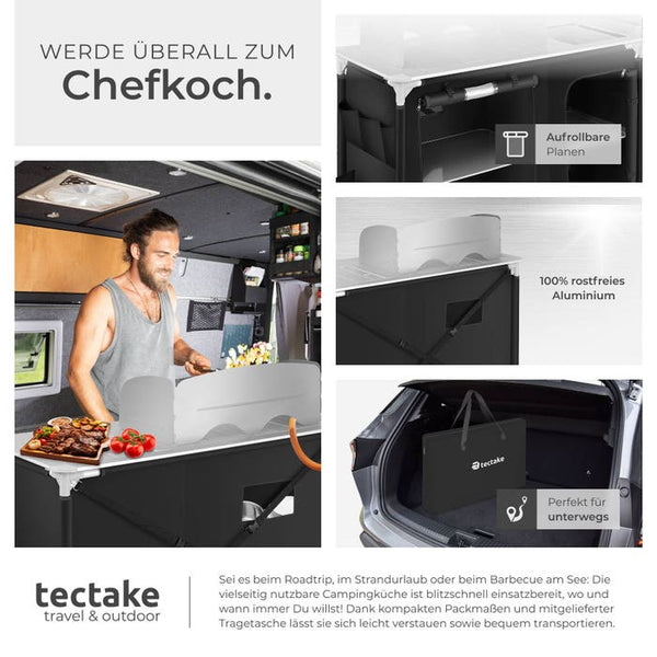 Luxury camping kitchen with 4 compartments, black