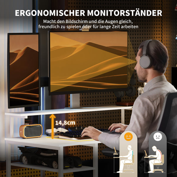 Eckschreibtisch L-förmig mit Monitorständer und Regalen weiss