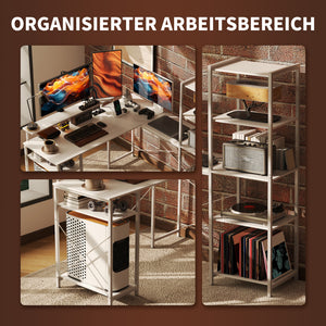 Eckschreibtisch L-förmig mit Monitorständer und Regalen weiss
