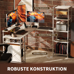Eckschreibtisch L-förmig mit Monitorständer und Regalen weiss