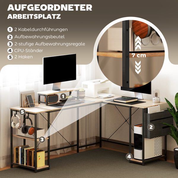 Eckschreibtisch mit Regal Monitoraufsatz und Stauraum natur