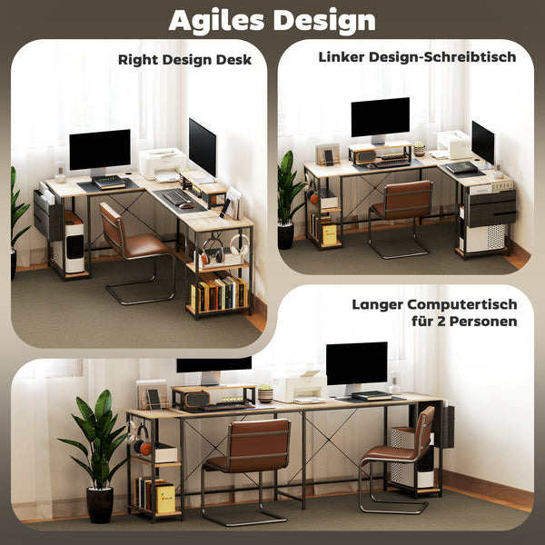 Eckschreibtisch mit Regal Monitoraufsatz und Stauraum natur