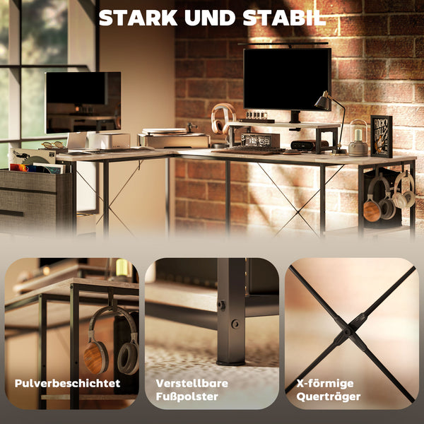Eckschreibtisch mit Regal Monitoraufsatz und Stauraum natur
