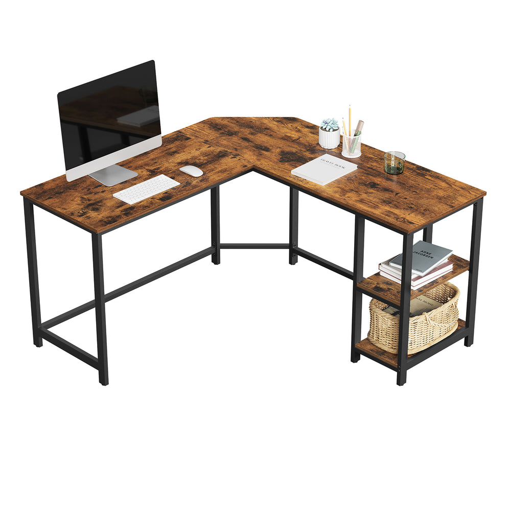 Bureau d'angle, bureau en L, étagères, bureau, bois, marron, noir