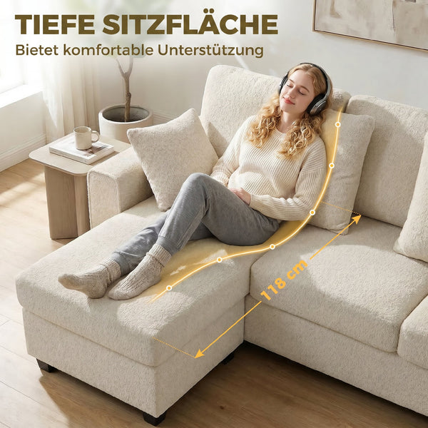 Ecksofa 3-Sitzer mit Chaiselongue Samtoptik beige