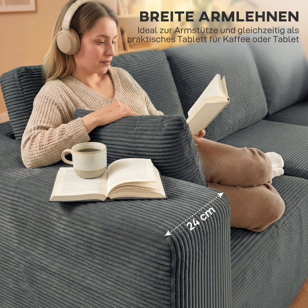 Ecksofa Schlafsofa L-förmig mit Kissen und breiten Armlehnen dunkelgrau
