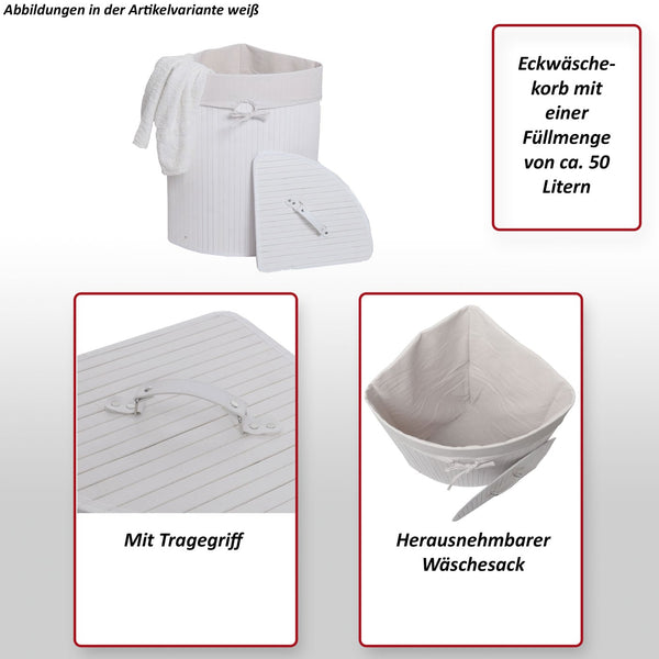 Eckwäschekorb Laundry Wäschebox Wäschesammler Bambus 61x48x35cm 50L weiss