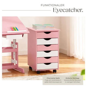 Rollcontainer aus Holz mit 6 Schubladen rosa