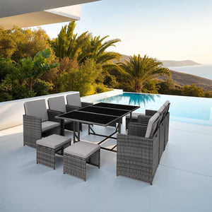 Rattan Sitzgruppe Malaga 6+4+1, hellgrau