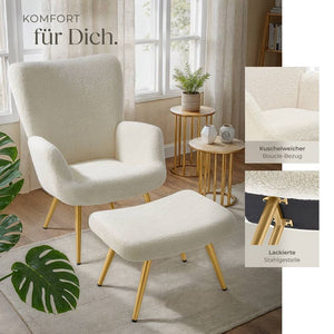 Sessel Hygge gepolstert, ergonomisch, Belastbarkeit 150 kg Bouclé creme/gold mit Hocker