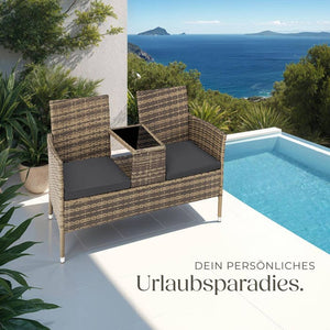 Rattan Gartensitzbank mit Tisch natur/dunkelgrau