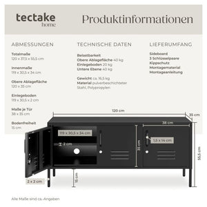 Sideboard Baker Metall abschliessbar schwarz 120 x 37,5 x 55,5 cm