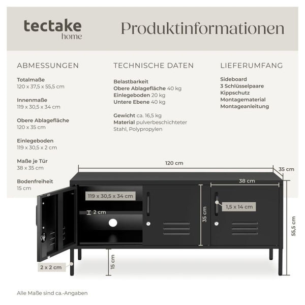 Sideboard Baker Metall abschliessbar schwarz 120 x 37,5 x 55,5 cm