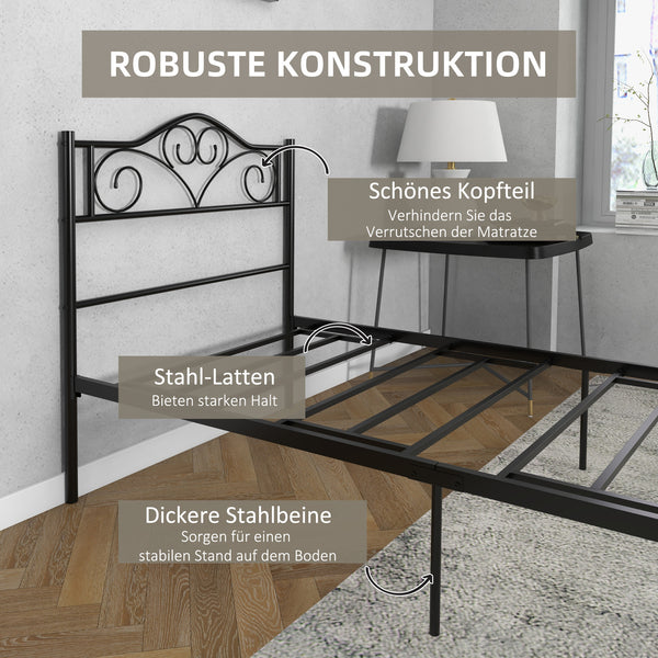 Einzelbett mit Lattenrost und Kopfteil 90x200cm Metall schwarz