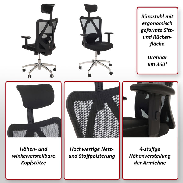 Ergonomischer Bürostuhl mit verstellbarer Lordosenstütze schwarz