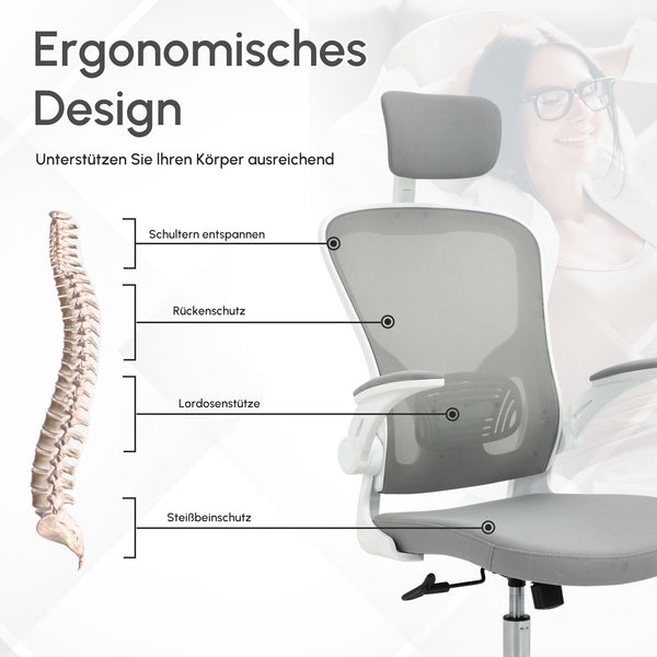 Ergonomischer Bürostuhl mit Kopfstütze Grau