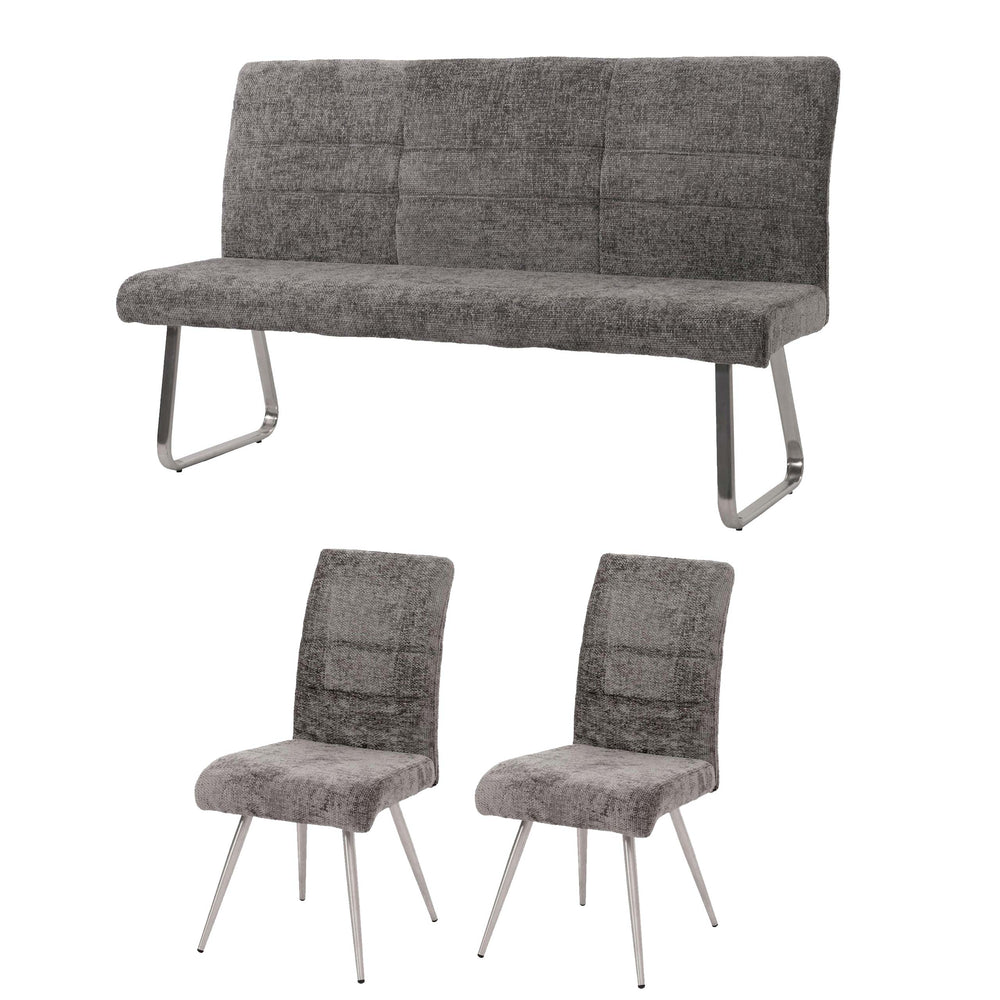 Esszimmer-Set 2er-Set Stuhl und Sitzbank 160cm Edelstahl Chenille dunkelgrau