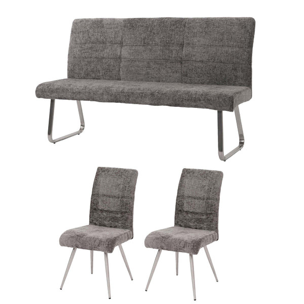 Esszimmer-Set 2er-Set Stuhl und Sitzbank 160cm Edelstahl Chenille dunkelgrau