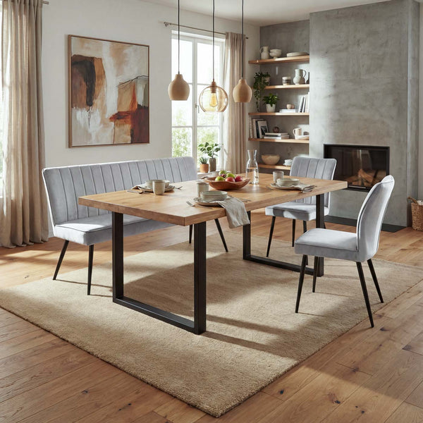 Esszimmer-Set 2er-Set Stuhl und Sitzbank Samt Metall hellgrau